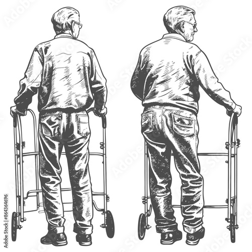 elderly man with walking frames with engraving style