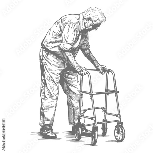 elderly man with walking frames with engraving style