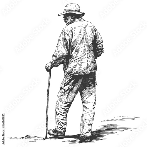elderly man with walking stick with engraving style
