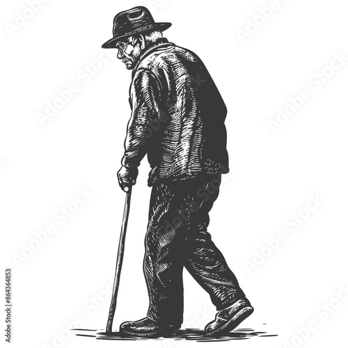 elderly man with walking stick with engraving style