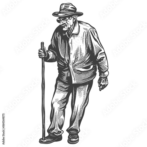 elderly man with walking stick with engraving style