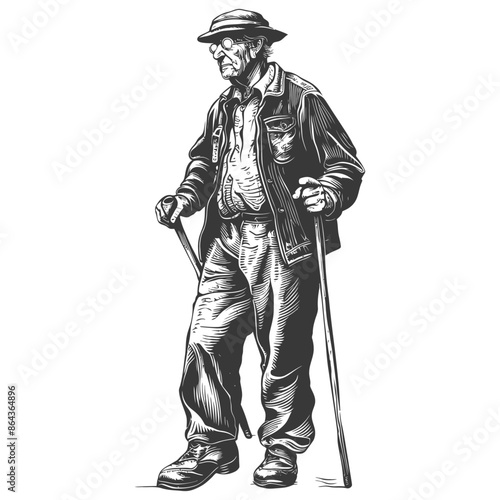 Etched Elder: Stoic Man with Fedora and Canes, Vintage Style Portrait.