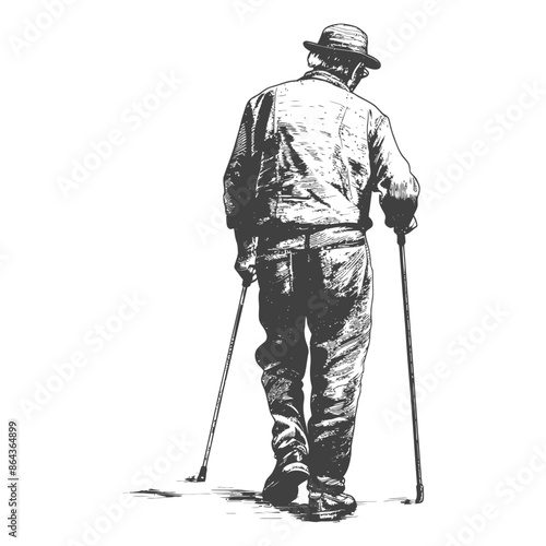 Lonely Wanderer: Back View of an Elderly Man with Canes, Sketch Illustration on White.