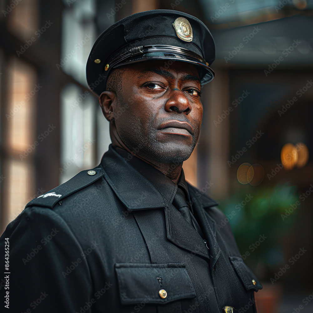 A police officer is standing in a hallway with his hands on his hips A police officer is standing in a hallway with his hands on his hips