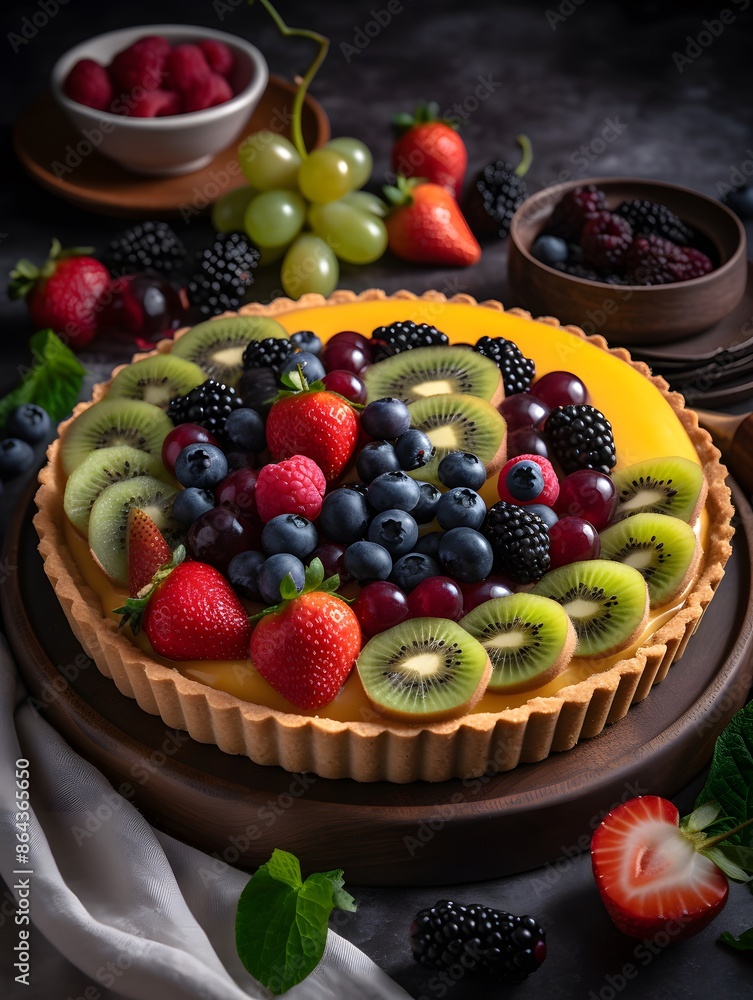 Vibrant Mixed Fruit Tart with Kiwi, Berries, and Peach Glaze. Vibrant Mixed Fruit Tart with Kiwi, Berries, and Peach Glaze.