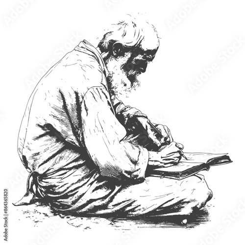 Bearded Scribe: Ink Sketch of Elderly Man Writing in Lotus Position