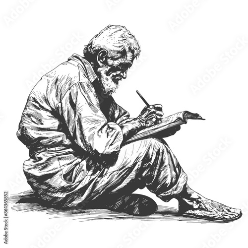 Ink Sketch: Elder Man Seated, Writing in Notebook, Detailed Wrinkles, Barefoot.
