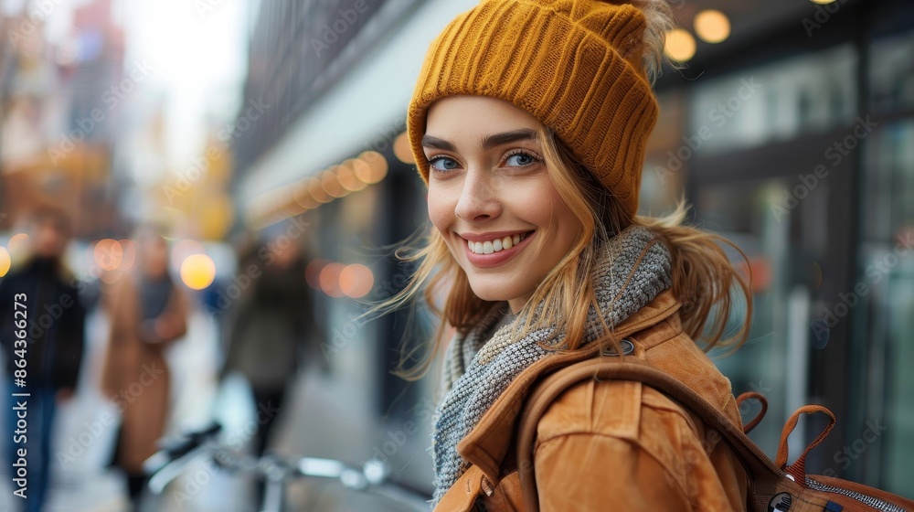 A smiling woman in a mustard beanie and cozy scarf enjoys a stroll on a city street, exuding warmth amidst the cool urban environment with people and shops around. A smiling woman in a mustard beanie and cozy scarf enjoys a stroll on a city street, exuding warmth amidst the cool urban environment with people and shops around.