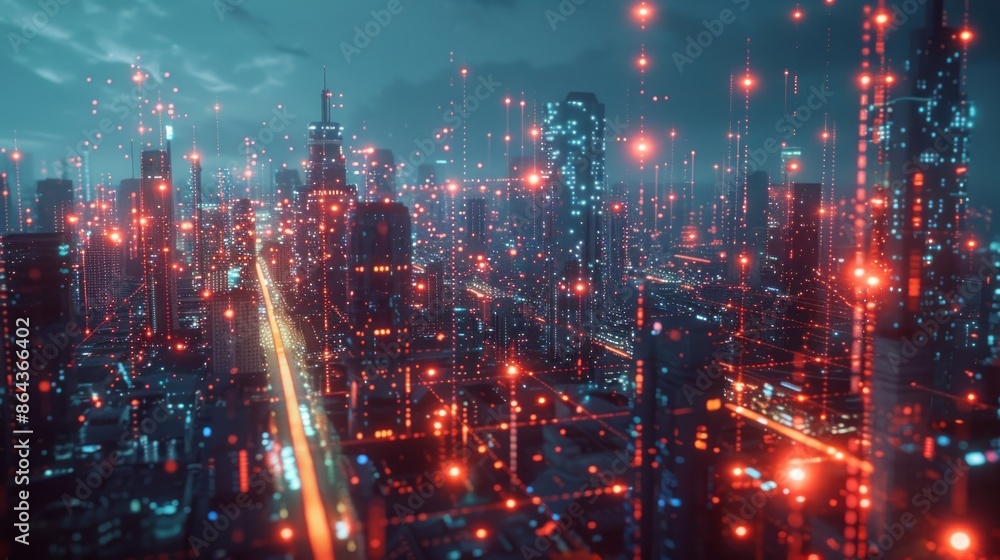 An advanced image of network cyber security AI at work, displaying a complex web of data points and security nodes interconnected by glowing lines, set against a backdrop of a digital cityscape An advanced image of network cyber security AI at work, displaying a complex web of data points and security nodes interconnected by glowing lines, set against a backdrop of a digital cityscape