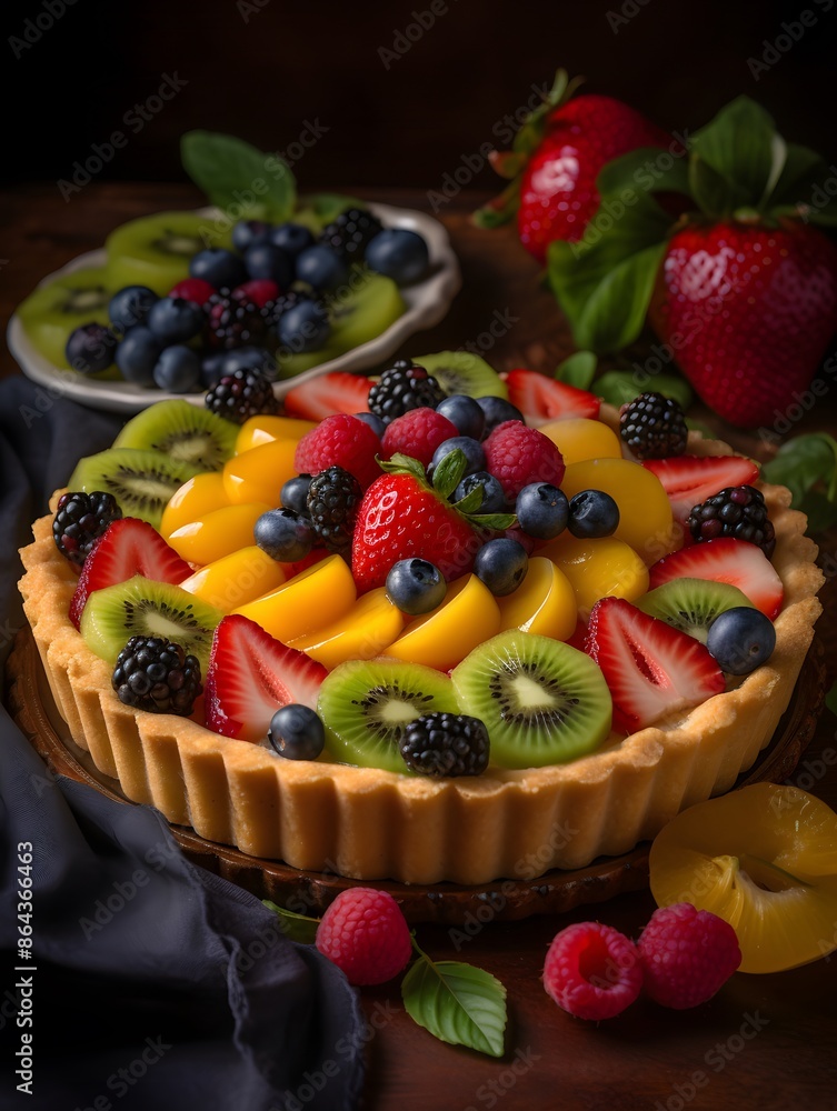Vibrant Mixed Fruit Tart with Kiwi, Berries, and Peach Glaze. Vibrant Mixed Fruit Tart with Kiwi, Berries, and Peach Glaze.