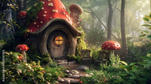 Illustration of A charming fairy house with a gnome door, mushroom seats, and a twinkling pathway