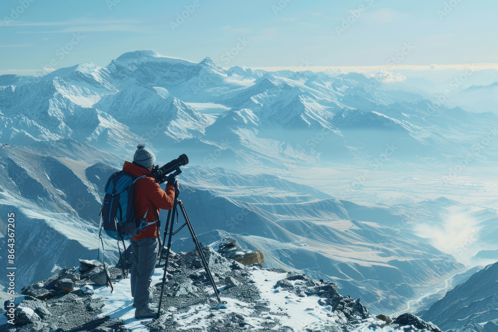 Scientist setting up a telescope in a minimalist mountain setting, Scientist setting up a telescope in a minimalist mountain setting,