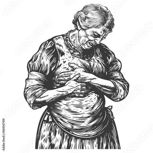 Elderly Woman's Heart Pain: Engraved Illustration of Anguish and Chest Discomfort