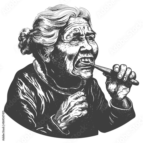 Elderly woman with traditional tooth cleaning tool, etched monochrome illustration.