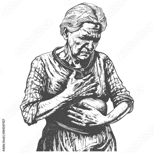 Etched Grief: Elderly Woman Clutching Chest, Sorrowful Portrait.