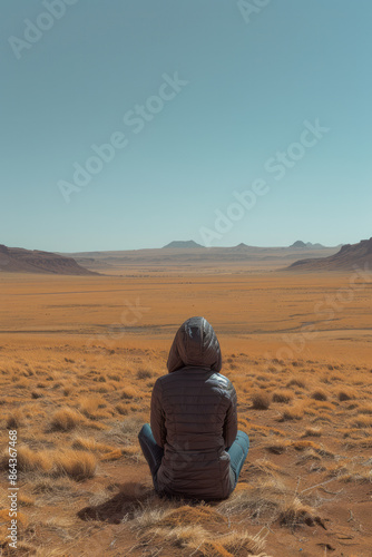 Minimalist view of a scientist taking soil samples in a barren desert, photo