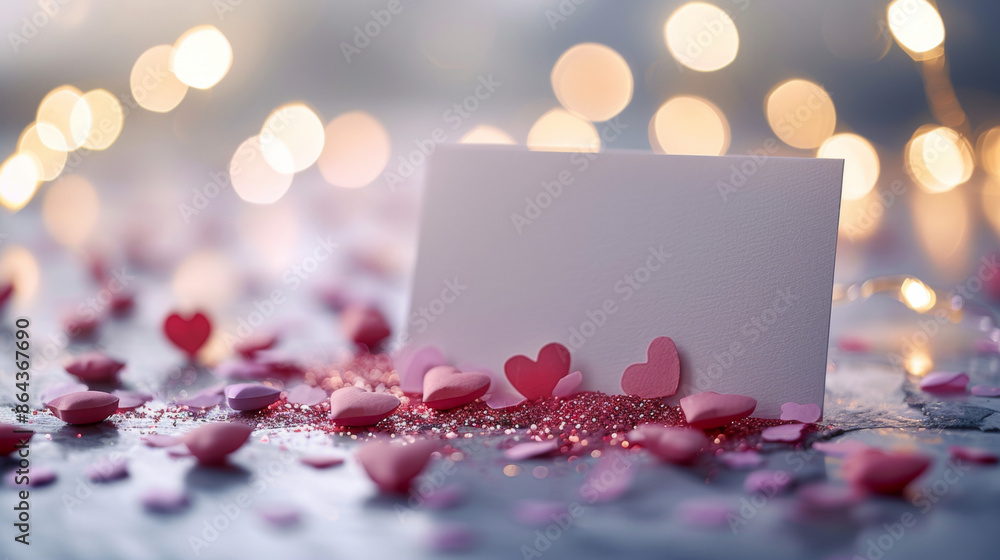 Obraz premium Mockup photo for a white blank card laying on a white surface topped with glitter, fairy lights and pink heart-shaped confetti
