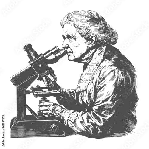 Engraved portrait of older woman with microscope, vintage scientific discovery.