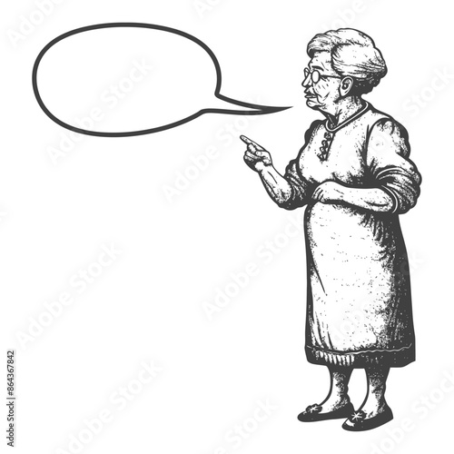 Stern Grandma Speaks: Engraved Woman with Speech Bubble, Pointing Finger.