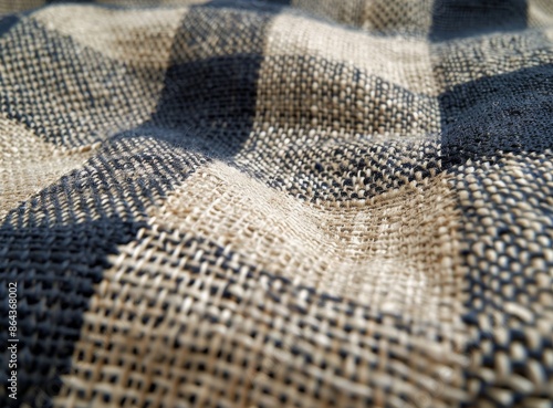 Close Up of Woven Fabric With Blue and Tan Checkered Pattern