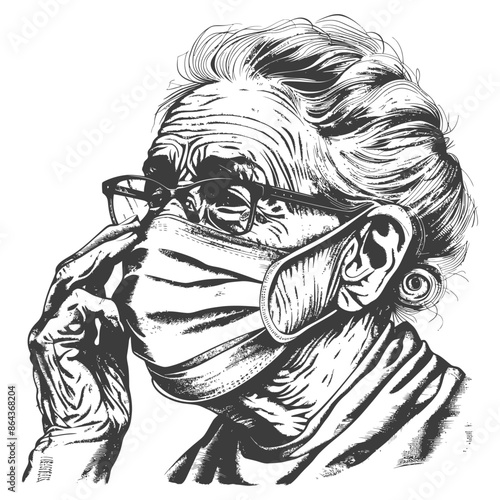 Ink Sketch: Elderly Woman Adjusting Surgical Mask, Wrinkled Face Detail, Pandemic Portrait.