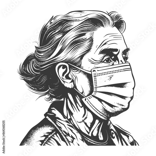 Etched Elder: Masked Face, Deep Lines, Vintage Style, Protection, Pandemic Portrait.