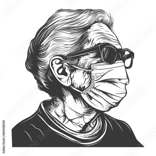 Masked Senior: Stylized Portrait with Glasses, Line Art Protection.