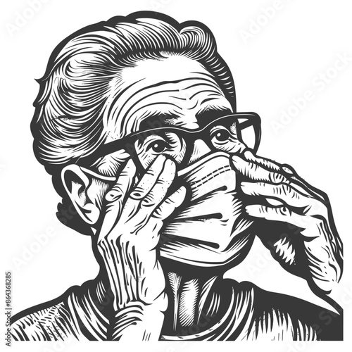 Elderly Woman Adjusting Face Mask, Engraved Illustration.