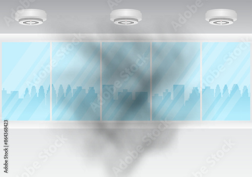 Smoke Alarm. Smoke Detector and Fire Alarm on Ceiling in the Building. Vector Illustration. 