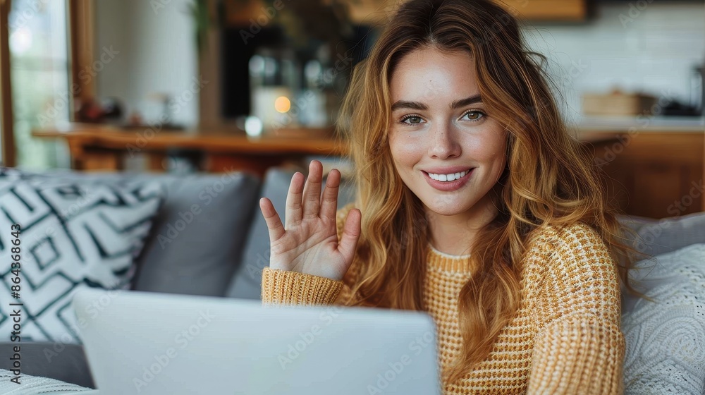 A woman with long hair, wearing a yellow sweater, smiles and waves towards the camera, sitting comfortably in a cozy, well-lit room with a laptop on her lap. A woman with long hair, wearing a yellow sweater, smiles and waves towards the camera, sitting comfortably in a cozy, well-lit room with a laptop on her lap.