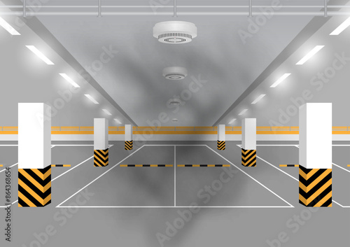 Smoke Alarm. Smoke Detector and Fire Alarm on Ceiling in Parking Lot. Vector Illustration. 