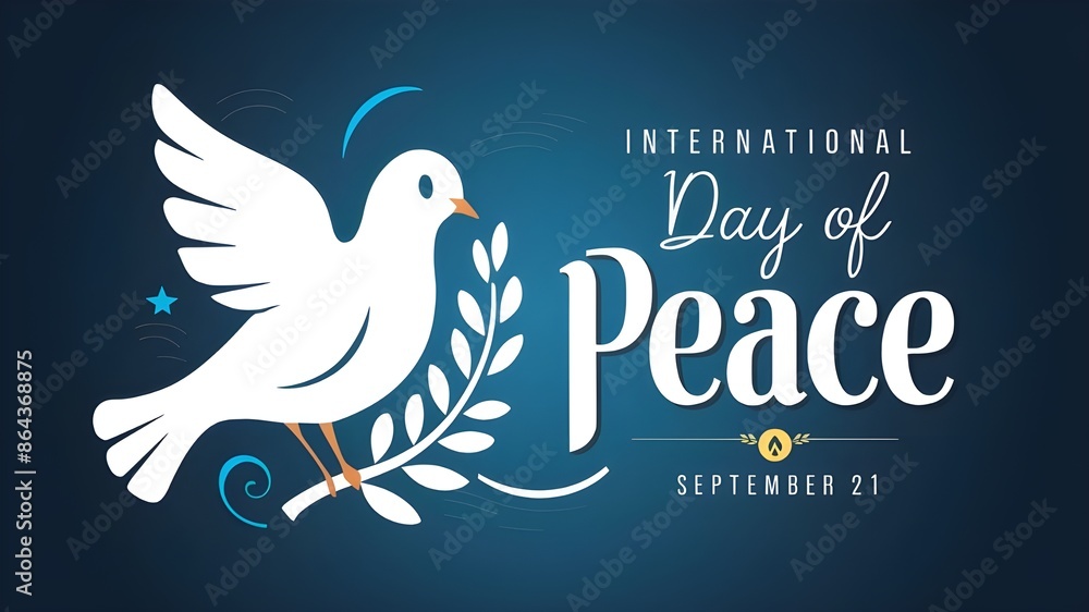 Fototapeta premium Global Peace Day. Web banner, illustration, card, and poster in vector format for social media and networks. September 21, International Day of Peace text. On a blue background, a white dove holding a