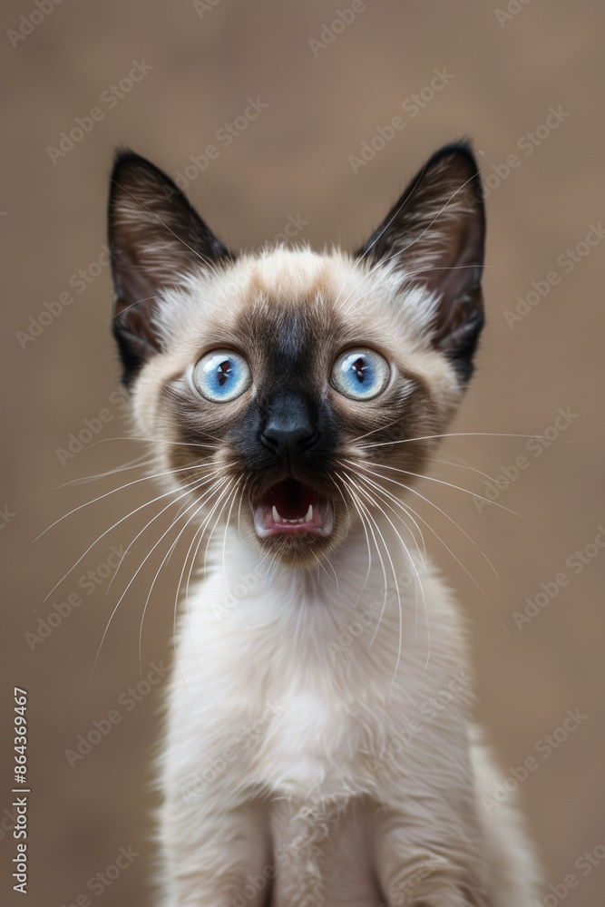 Surprised Blue Eyed Siamese Kitten on Brown Background Cute Pet Portrait Surprised Blue Eyed Siamese Kitten on Brown Background Cute Pet Portrait