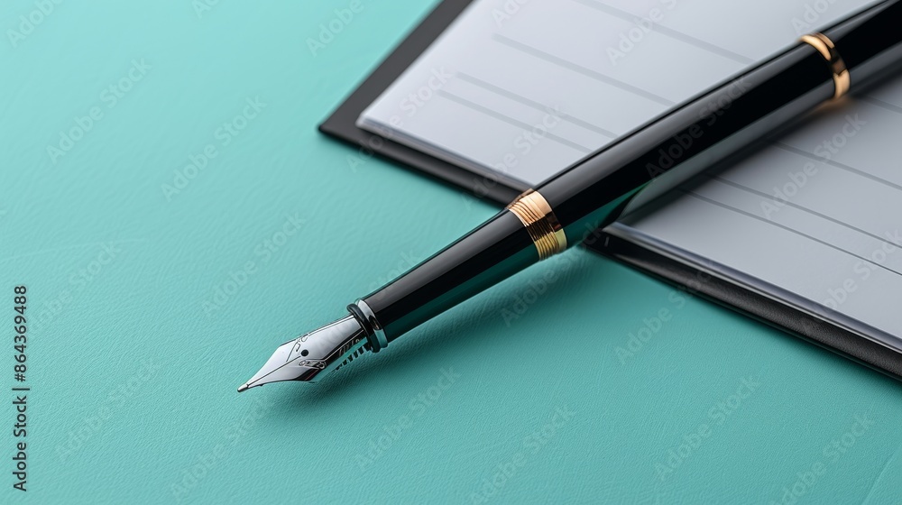 Fountain pen on notebook with turquoise background, close-up shot. Writing and stationery concept Fountain pen on notebook with turquoise background, close-up shot. Writing and stationery concept