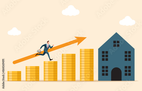 Businessman is running on raising money coin stack to aim at home. House price increase, real estate, or real estate growth concept. Accumulating money to be able to buy real estate. flat design style