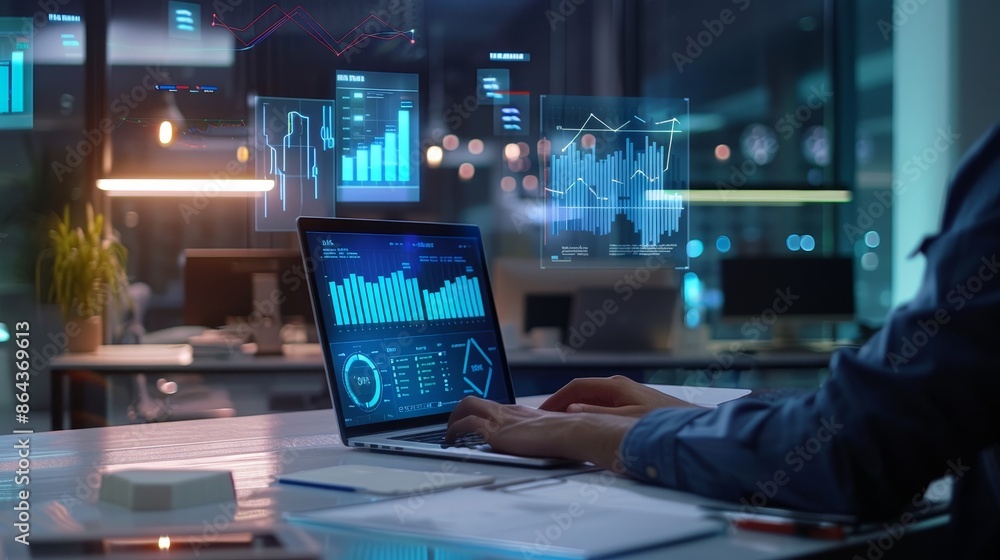 Fototapeta premium TechSavvy Professional Empowering Workspaces with Holographic Data Insights