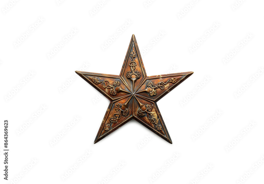 Fototapeta premium Ornate metal star decoration with intricate floral and scrollwork designs. Rustic copper toned finish with patina effects. Five pointed shape featuring embossed patterns on each arm.