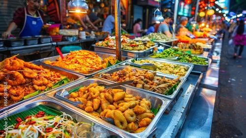 Asian street food market with various dishes. © suratin