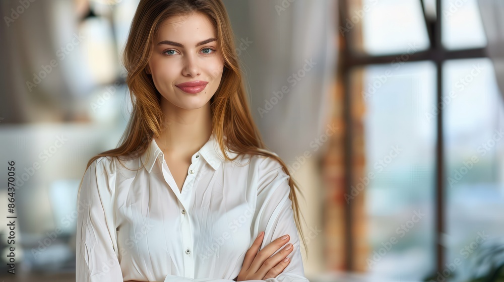 A confident woman with long hair, smiling and wearing a white shirt, stands indoors with her arms crossed. The room has large windows and a modern aesthetic background. A confident woman with long hair, smiling and wearing a white shirt, stands indoors with her arms crossed. The room has large windows and a modern aesthetic background.