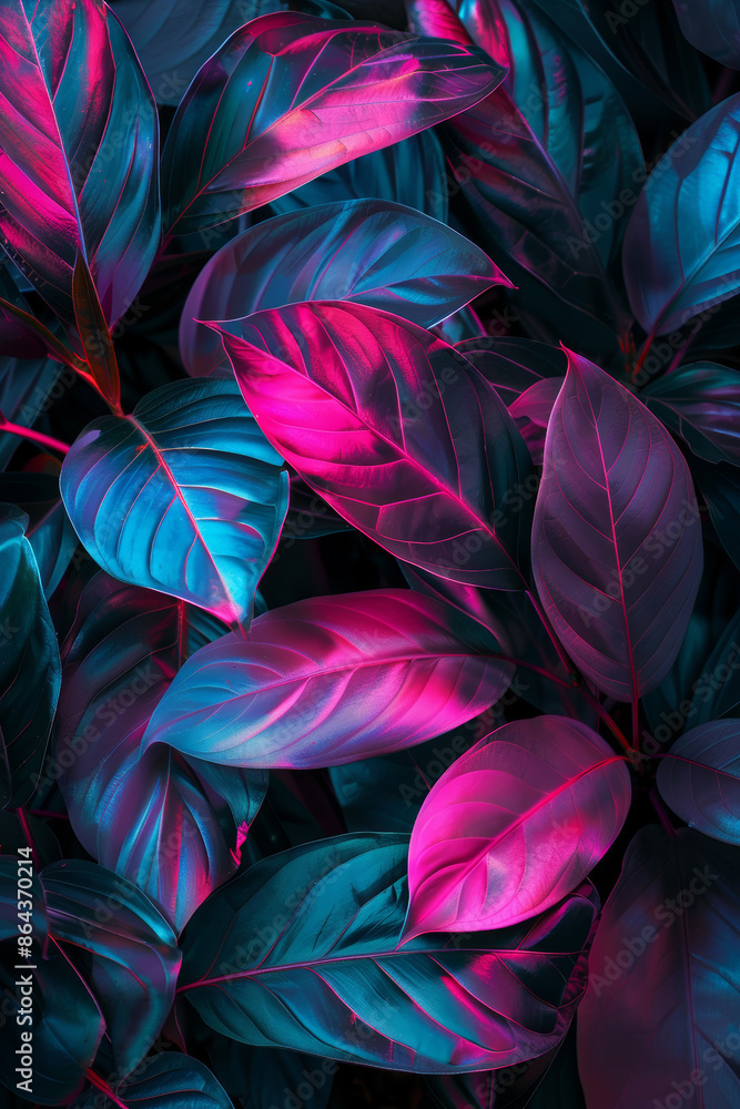Dense Cluster of Tropical Leaves with Neon Lighting Dense Cluster of Tropical Leaves with Neon Lighting