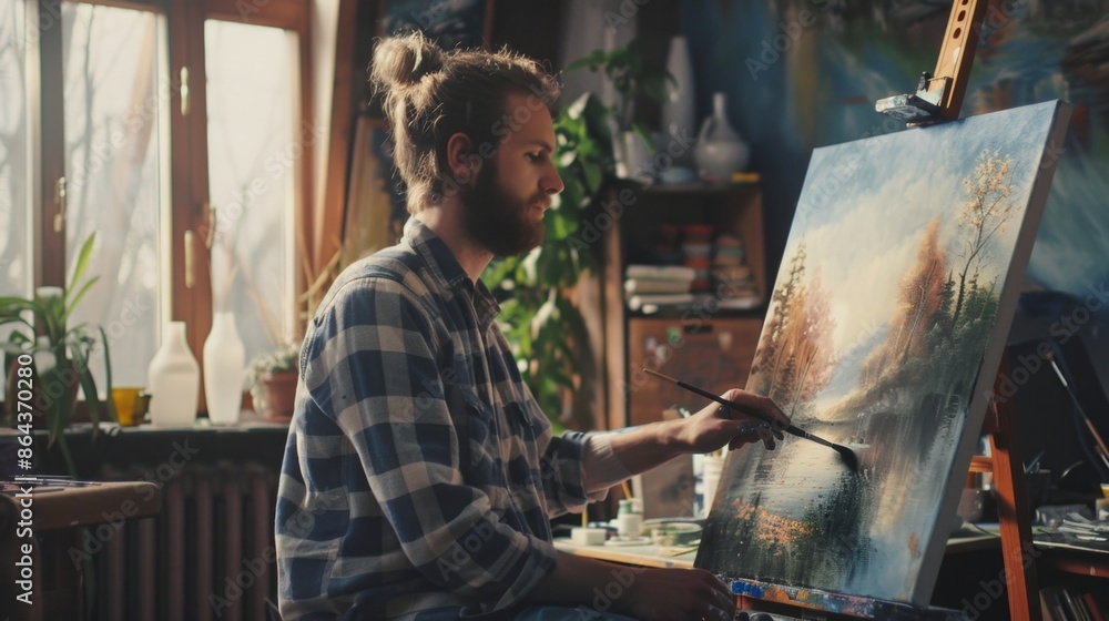 man painting a picture, looking absorbed and tranquil, in a studio man painting a picture, looking absorbed and tranquil, in a studio
