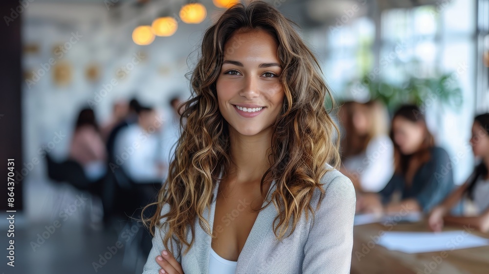 A woman with curly hair smiling in a collaborative office space, with blurred colleagues in the background, showcasing a positive and professional working environment. A woman with curly hair smiling in a collaborative office space, with blurred colleagues in the background, showcasing a positive and professional working environment.