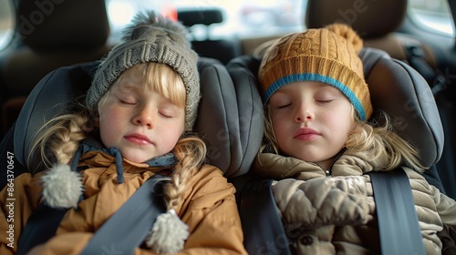 Two young children with blonde hair are sound asleep in car seats, bundled up in winter hats and jackets. The image captures a serene moment of restful slumber during a drive.