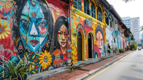 Fototapeta Naklejka Na Ścianę i Meble -  Vibrant street art murals adorn a city alleyway, showcasing a colorful explosion of creativity.