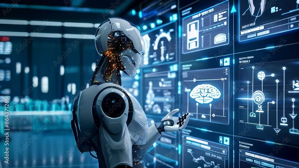Robot interacting with futuristic digital interface in slow motion technology video background Robot interacting with futuristic digital interface in slow motion technology video background