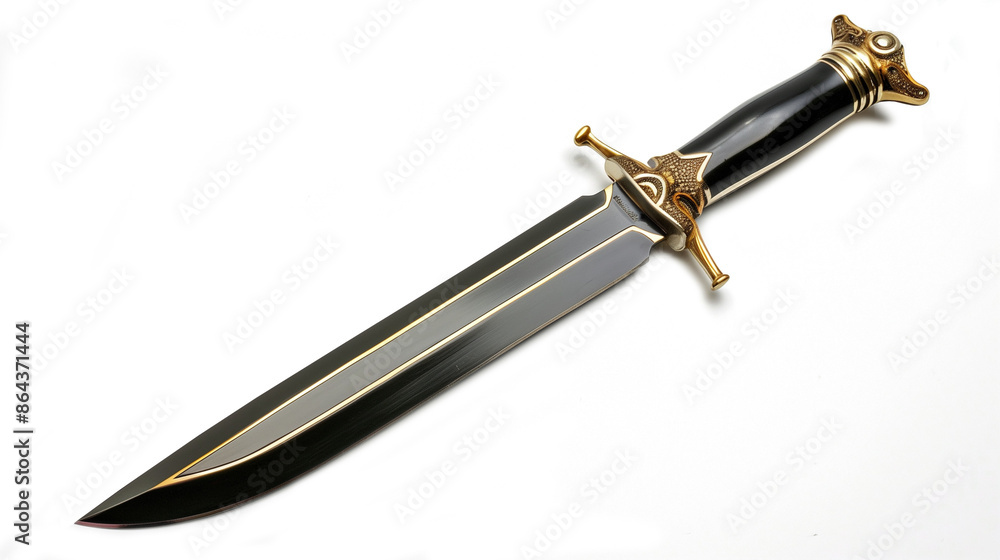 Ornate fantasy dagger with a black and gold handle lying on a ...