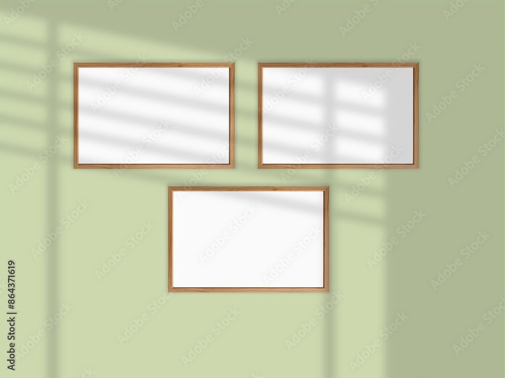 Minimal picture poster frame mockup on the wall with window shadow and leaves Minimal picture poster frame mockup on the wall with window shadow and leaves