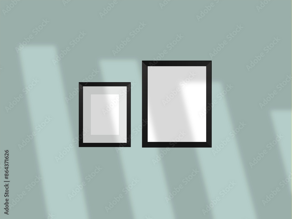 Minimal picture poster frame mockup on the wall with window shadow and leaves Minimal picture poster frame mockup on the wall with window shadow and leaves