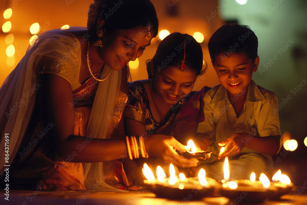 Family Celebrating Diwali Festival with Traditional Lamps and Joyful Smiles in Warm Light Family Celebrating Diwali Festival with Traditional Lamps and Joyful Smiles in Warm Light