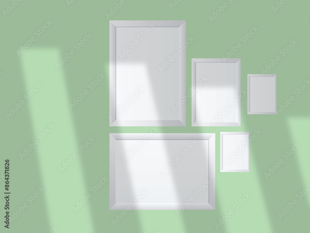 Minimal picture poster frame mockup on the wall with window shadow and leaves Minimal picture poster frame mockup on the wall with window shadow and leaves